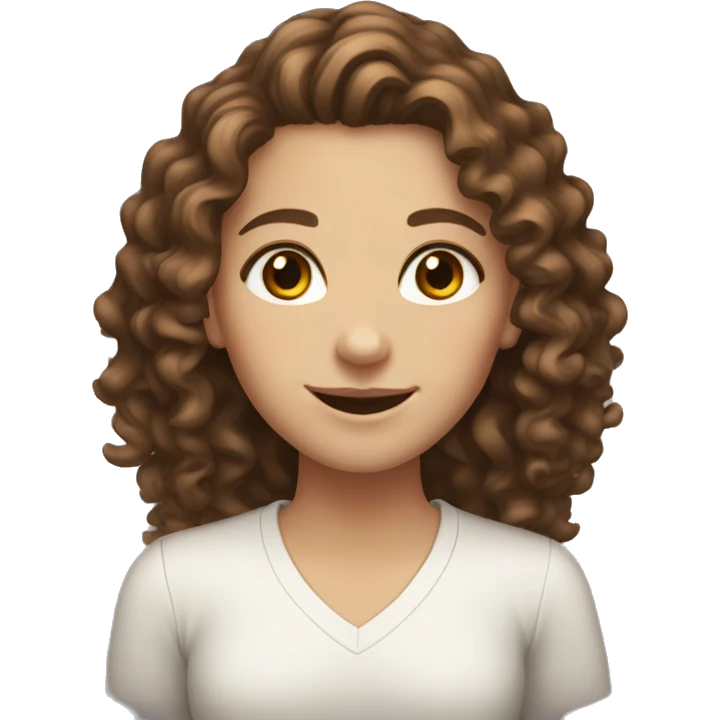 a white girl with brown curly long hair, brown eyes and smiling  emoji