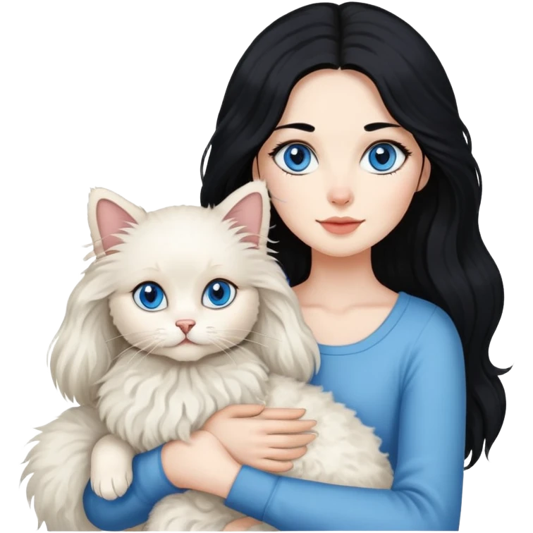 Lady with long black hair, with a long hair Ragdoll cat and a small poodle  emoji