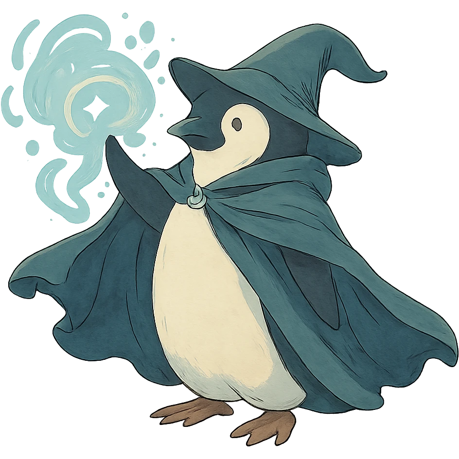 penguin wizard with a flowing cloak and magical aura emoji