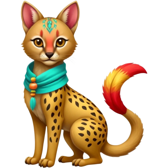 Colorful cute adorable tropical exotic fruity kiwi-green lemony rosy neon-red Caracal-Cheetah-Civet-Trico-fusion-hybrid-animal-creature, full body, with tribal tattoos, wearing a yellow-and-cyan scarf emoji