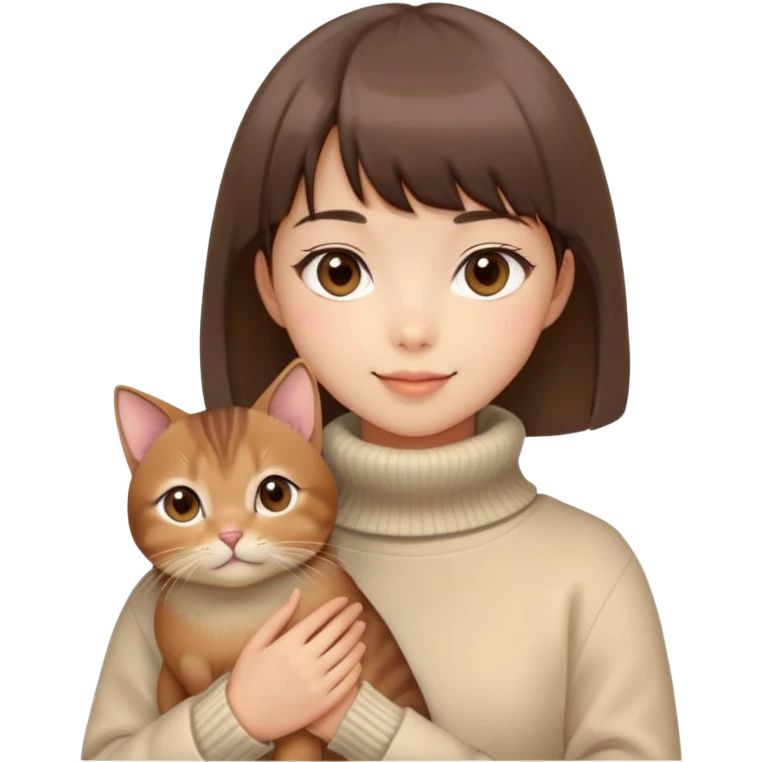 Cute East Asian girl, soft fair skin, big brown eyes, straight bangs, inward brown bob. Wearing a beige turtleneck sweater and cream-colored coat, rosy cheeks, gentle smile, holding an Abyssinian c emoji