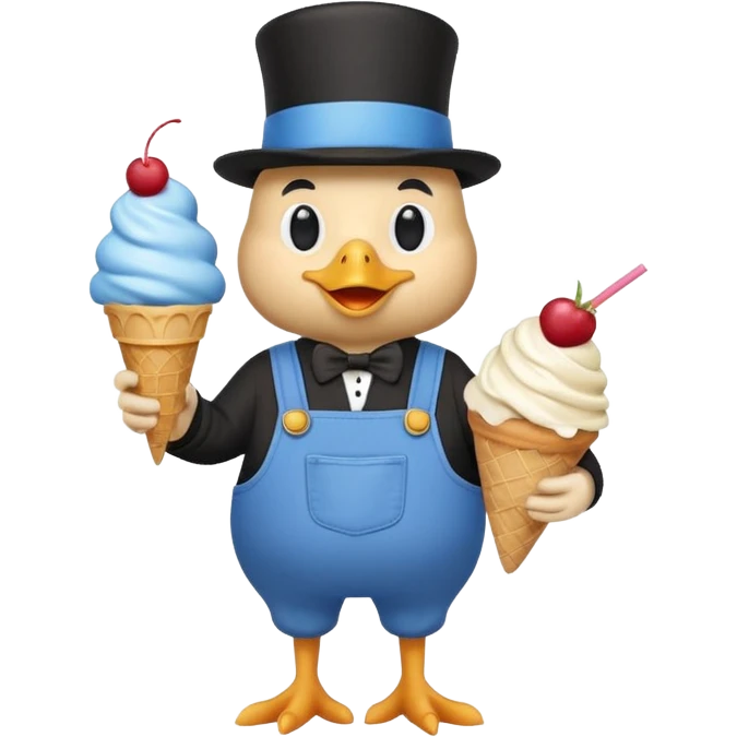 chicken in blue overalls and a black top hat, with an ice cream sundae emoji