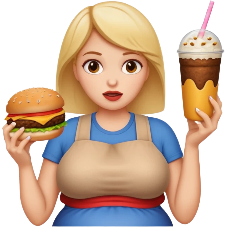 woman stuffing her face with the crumbs laying on her big belly and a burger and milkshake in her hand spilling all over emoji