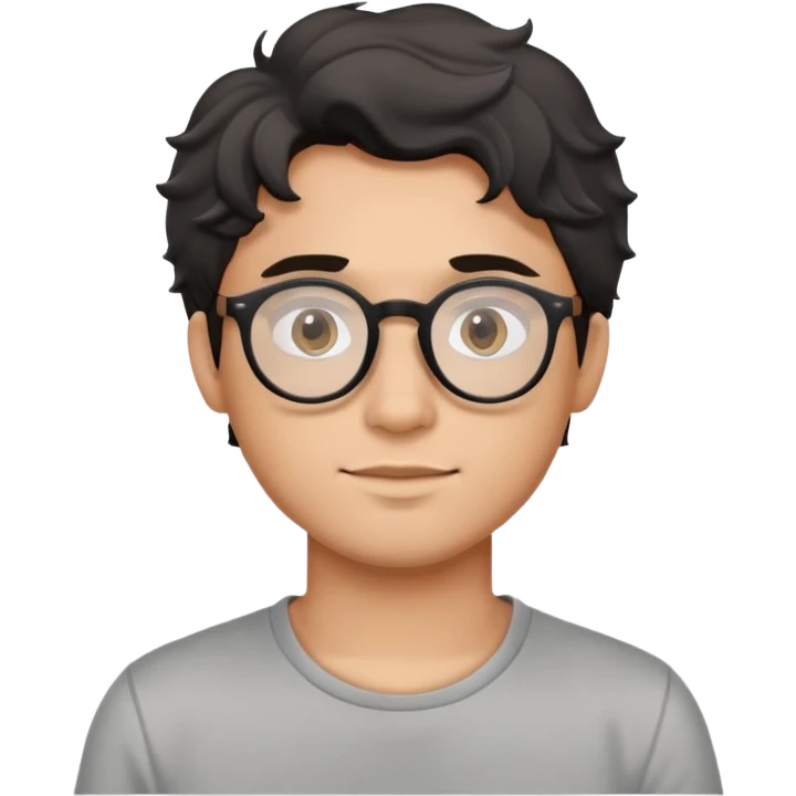 Young man with black wavy hair, round glasses, casual grey t-shirt emoji