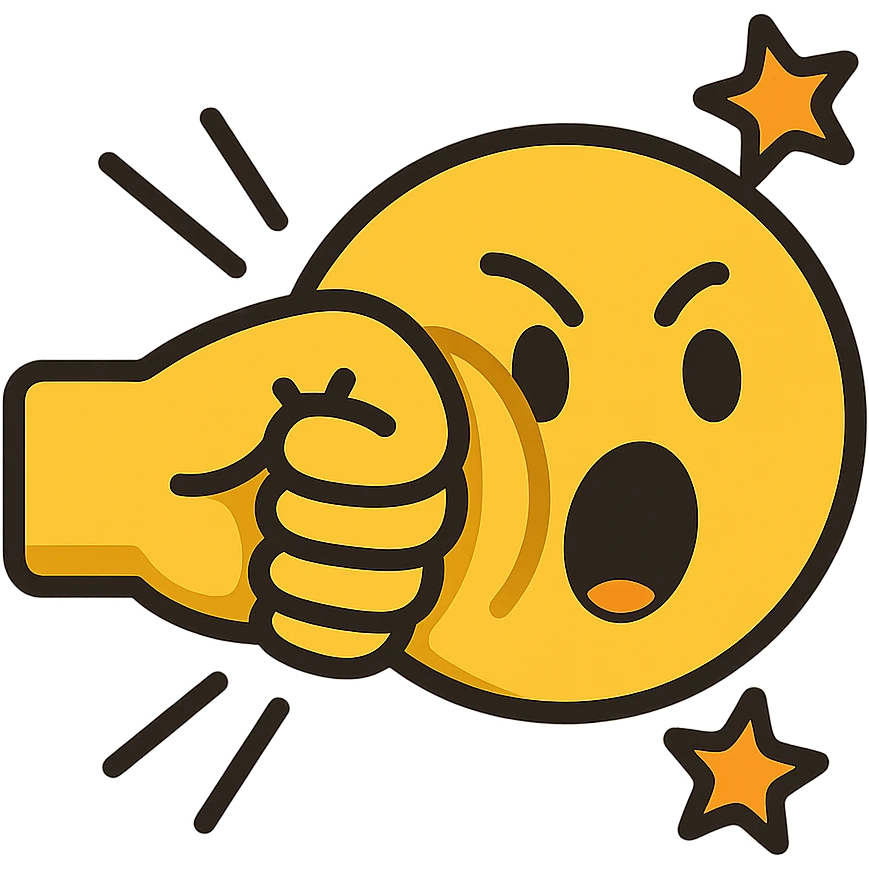 flat-toon style cartoon emoji of a dramatic face punch moment: yellow emoji fist punching another yellow emoji face from the side, squished cheek, shocked expression, comic motion lines or stars, smooth bold outlines, clean modern emoji design emoji