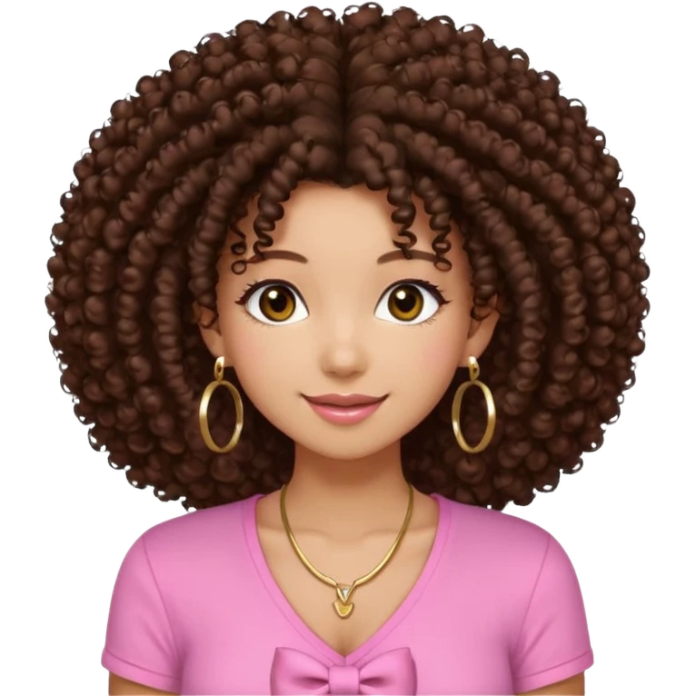 Naturally tan skin girl short darkBrown curly afropink shirt very long lashes hoop gold earrings Brown eyes gyaru smiling closed mouth cute bow hairclip small on the side. V neck pink shirt. Teenager bow on shirt, cleavage emoji