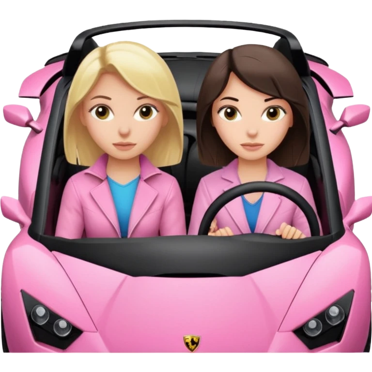 Car facing forward in pink sports car. The best friend girls are not smiling but very pretty, just neutral expression. One girl is blonde, one girl is brunette. Front of car sitting in the seats. Make it a pink sports car. They are two baddies make it a Lamborghini pink car  emoji