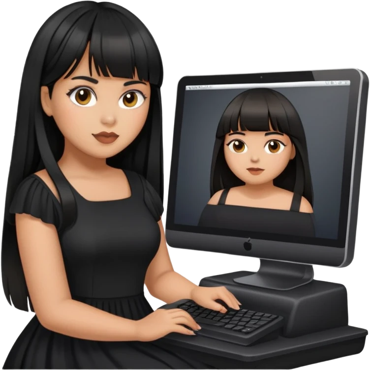 Latina girl with bangs black long hair plus size black dress on computer emoji
