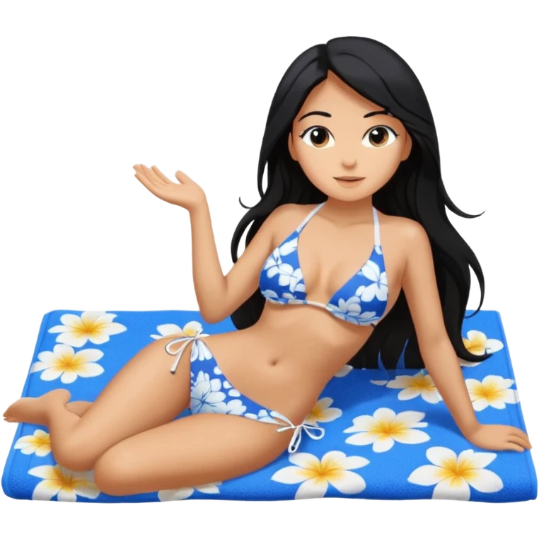 Tan girl with long black hair in a white bikini tanning on a beach laying down on a blue and white floral towel , looking at the ocean  emoji