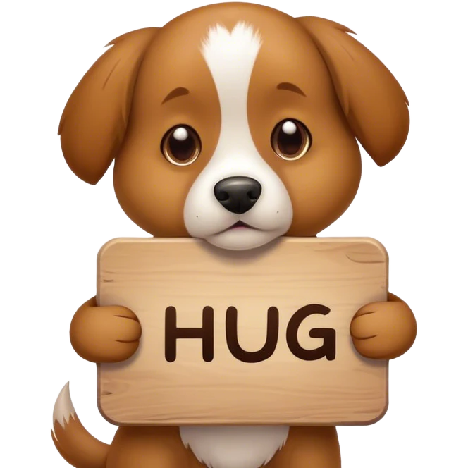 Dog wearing a sign saying hug me emoji