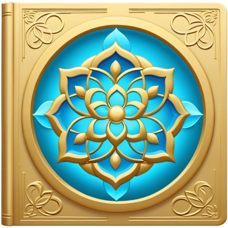 Un libro book dorado y azul celeste con detalles esmeralda, bordes luminosos y un símbolo de círculo zen, loto en la portada, irradiando presencia, tranquilidad y despertar espiritual. portada de libro emoji