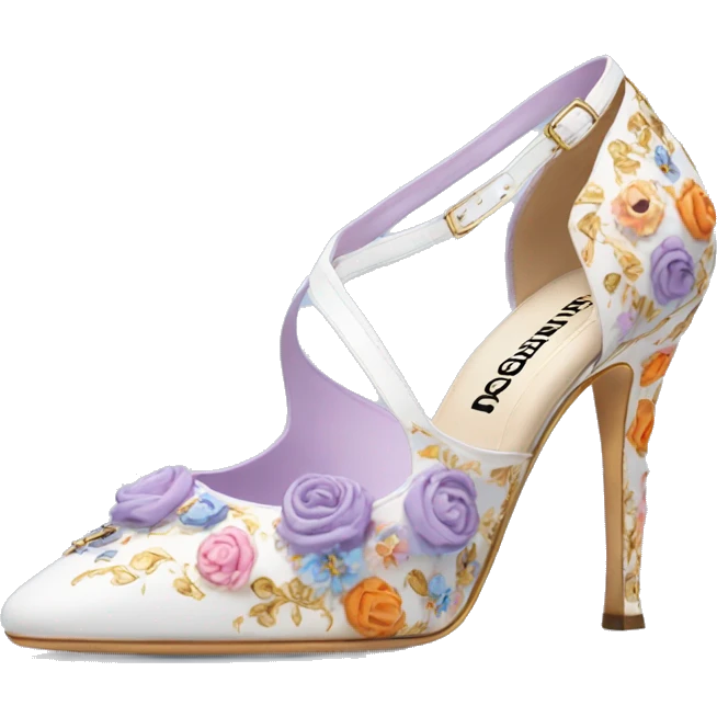 Dolce and Gabbana white high heels with colourful lavender light blue orange pink summer print and golden detais 2023 emoji