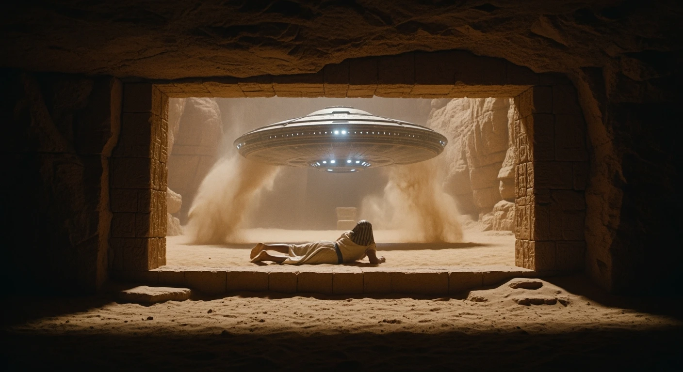 cinematic still, documentary photography, acient egypt, back shot of a man dress in ancient clothes in cave (frame in frame effect) on ground laying front of ufo starship, sand flying around, dynamic scane, leading lines, captured by arri alexa emoji