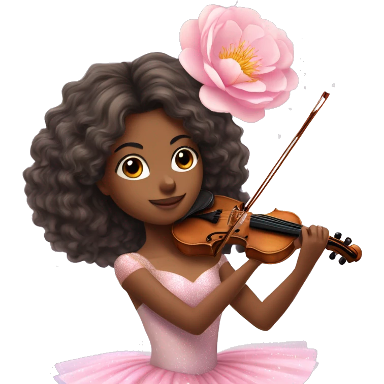 ballet brunette with brown skin girl with soft pastel tutu playing violin with peonies and sparkles realistic coquette emoji