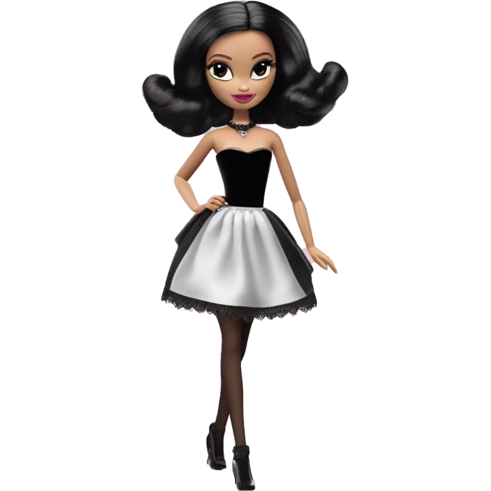  Bunny Wednesday Addams Barbie dancing.  Cute eye makeup face. Longer hair, short black flowing strapless tight evening gown with  plunging neckline that’s off-the-shoulders that also shows her legs and black shiny velvet high heel shoes. emoji
