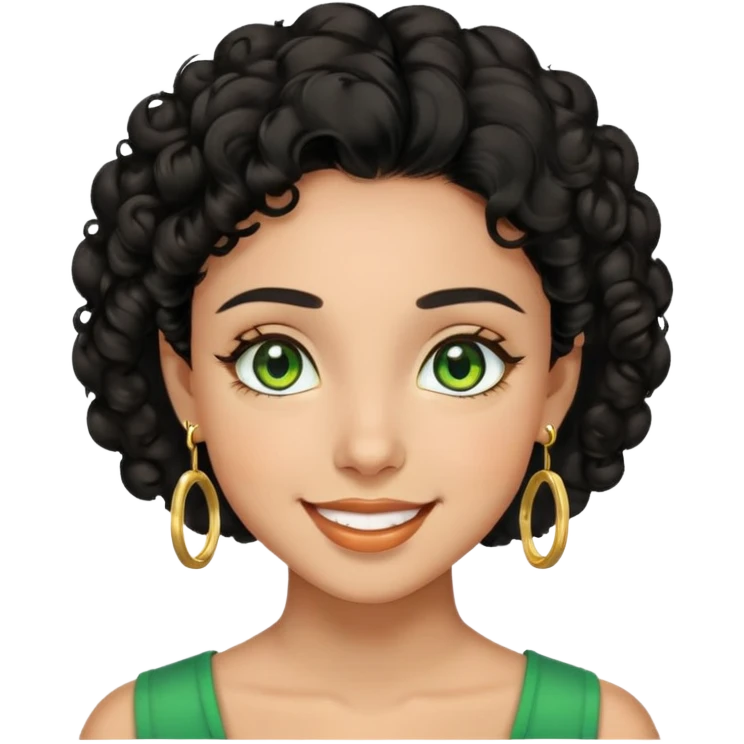 girl showing happiness, medium skin tone, short curly black hair, gold earrings, green eyes Minimal emoji showing happiness, medium skin tone, short curly black hair, gold earrings, green eyes emoji
