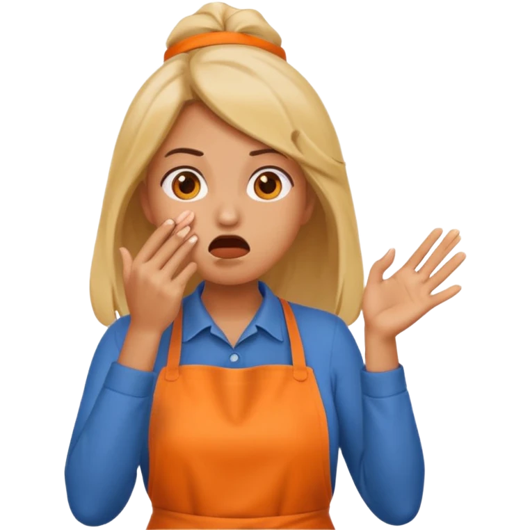 scared woman with her hands on her mouth, emoji style, more details, sideways pose, orange apron, different pose, different background emoji