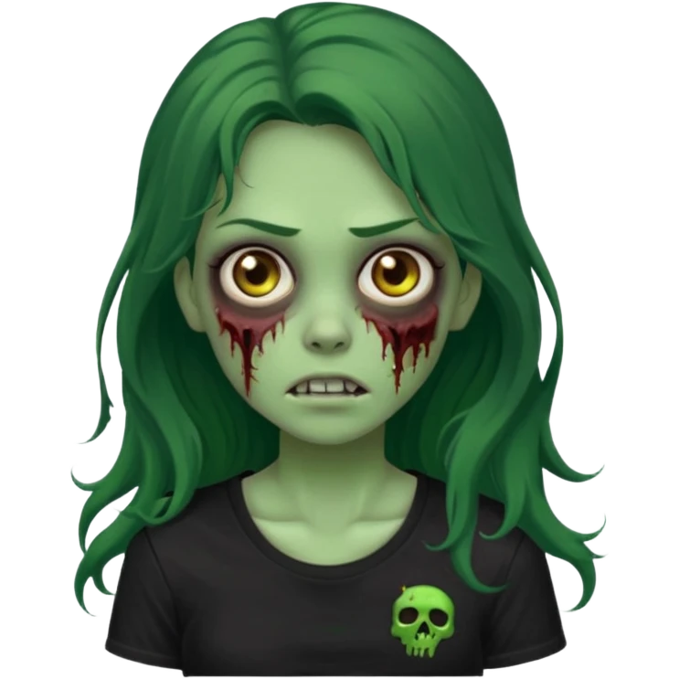crie um emoji de uma garota zoombie pele verde e cabelo castanho e longo , assustadora e fofa com cabelo ondulado 2b e camiseta básica preta emoji