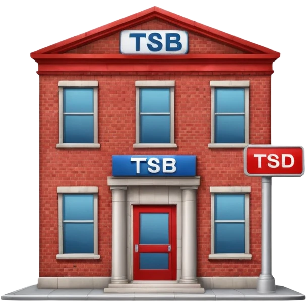 A bank with red building and labeled the "TSB", not "TBSB", on the building emoji