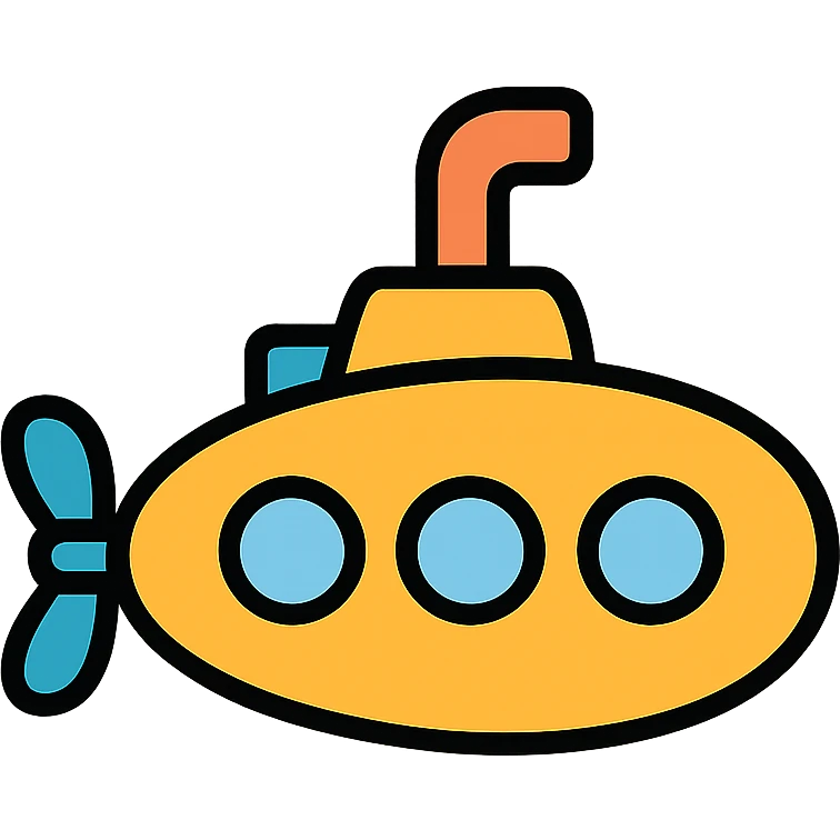 Submarine underwater vessel with periscope and propeller, colorful icon emoji