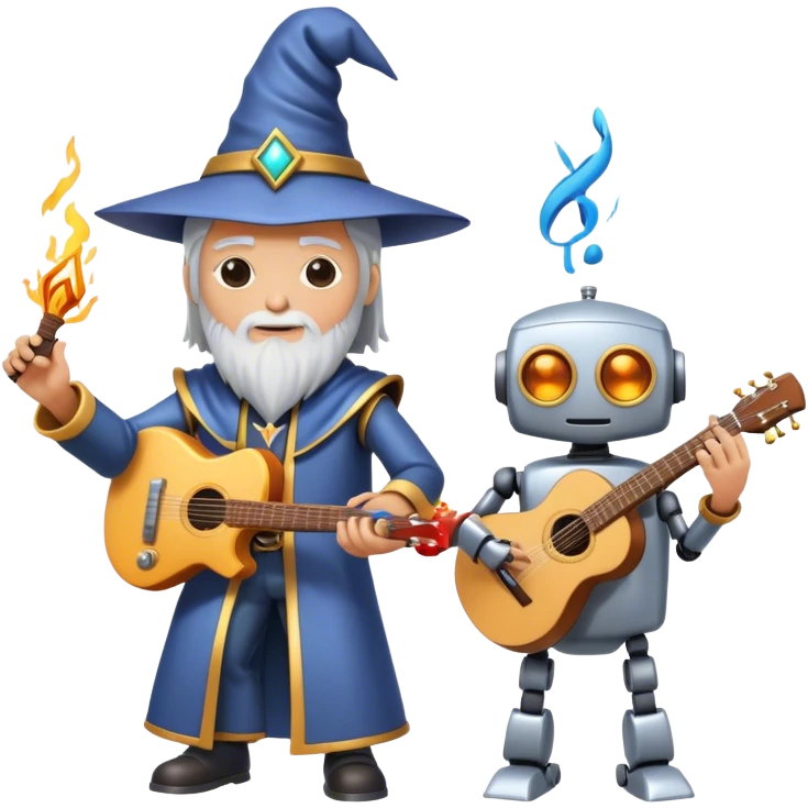 Wizard casting spells + Robot playing guitar emoji