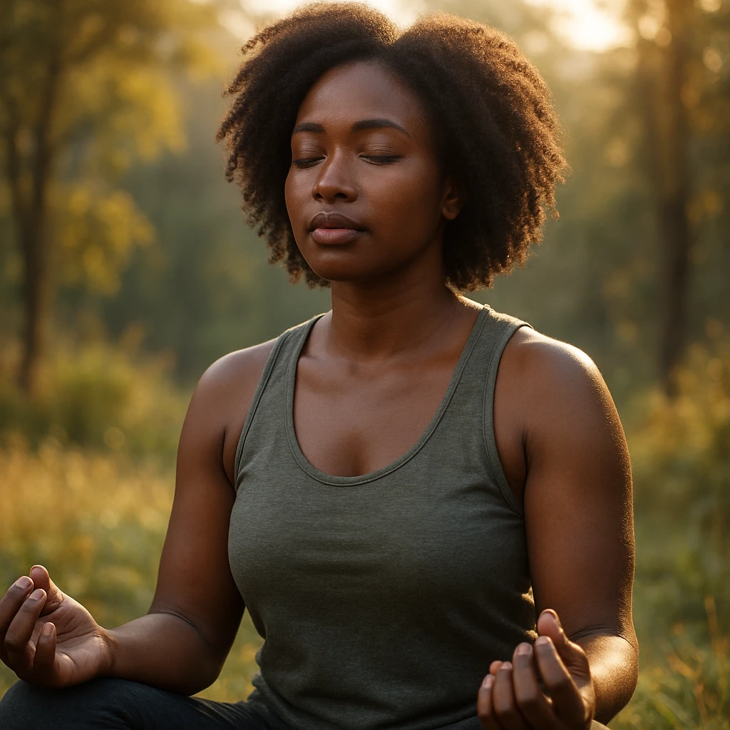 realistic style portrait of a black woman meditating, with a nature background and warm light emoji