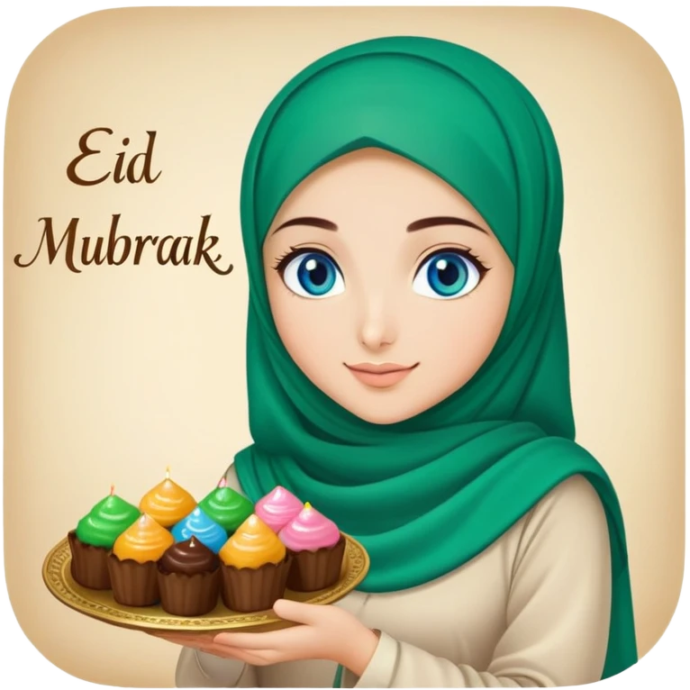 Turkish beautiful finish Konya girl blue eyes with green emerald hijab islamic dress and had on her hand text Eid Mubarak with sweets and celebrating with her friends eid days   emoji