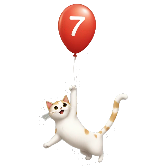 cat climbing on a balloon shaped like the number 7 emoji