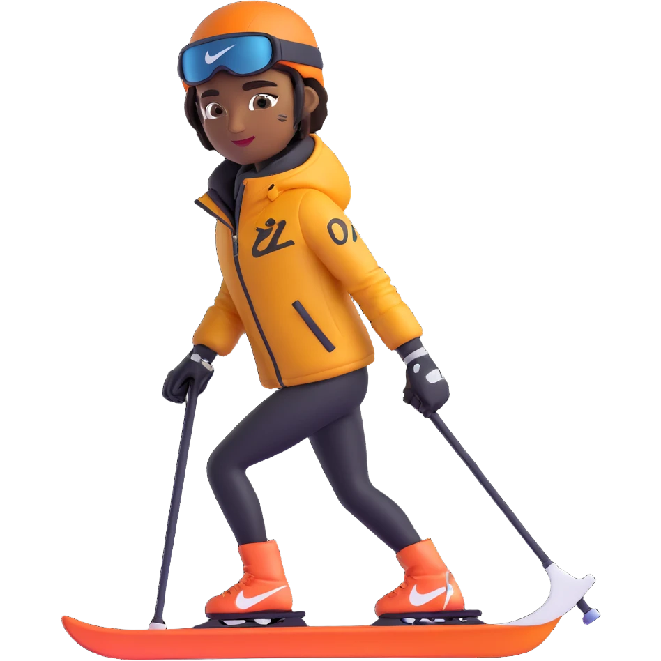 skier with brown skin, Nike logo on jacket, sleeve tattoos, in a modern 3D emoji style emoji