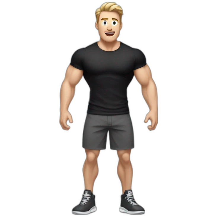 amazed Open with surprise mouth Pale skinned Fit Man With the biceps and dark brown hair in black shirt, gray sports shorts and white Sneakers emoji