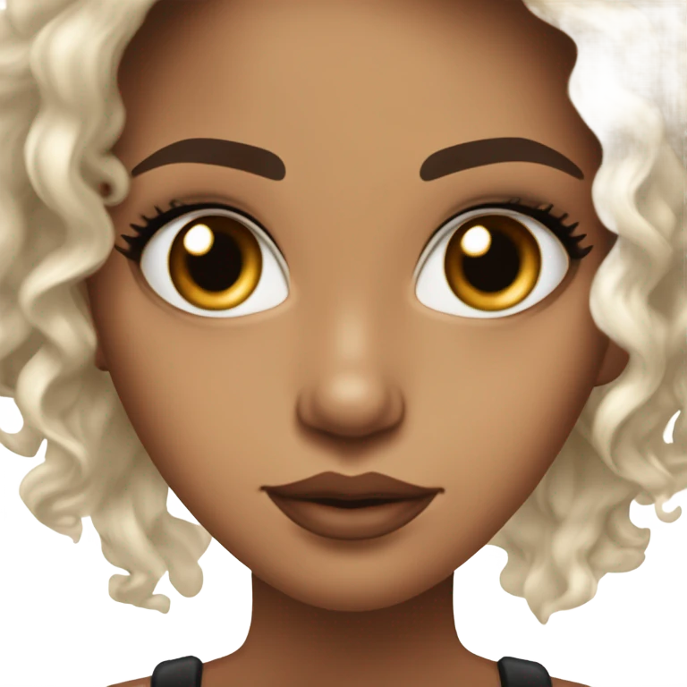 Chica morena de piel con pelo castaño oscuro listo y largo. Cara delgada, ojos rasgados y marrones oscuros y labios carnosos. Maquillada. Delgada . Top blanco.  emoji