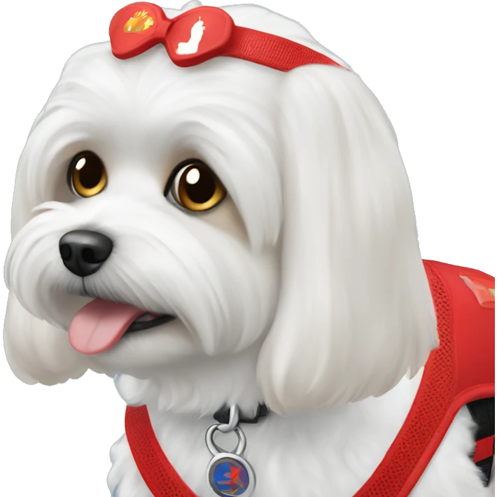 Maltese wearing a red service dog vest with to bleck straps emoji