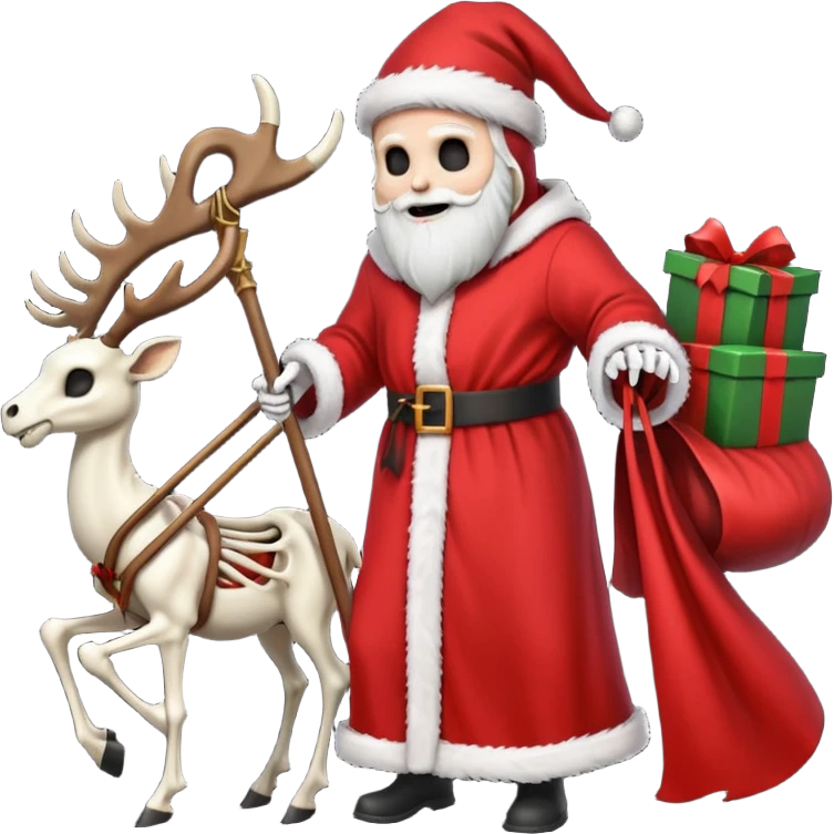 the Grim reaper dressed as Santa.... What gifts would be in his Sleigh.... What would his Sleigh likely look like.... Would the reindeer be skeletons, or ordinary reindeer emoji