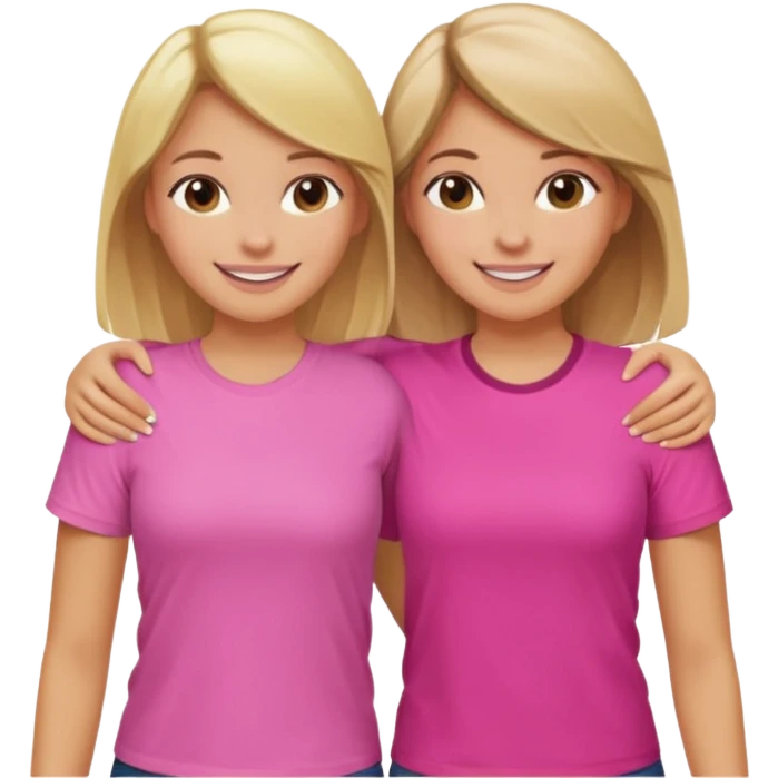 Two Girls with their arms around each other at summer camp one blonde one brown hair wearing pink shirt smiling  emoji