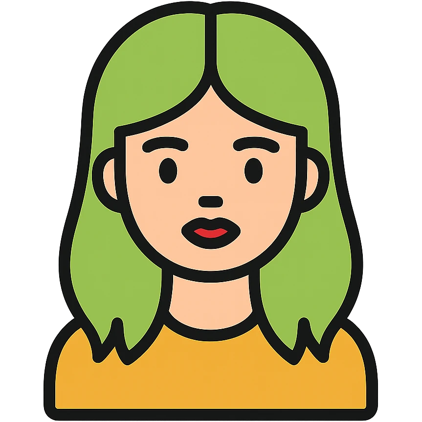 girl with green hair like Billie Eilish and red lipstick, color outline icon style emoji