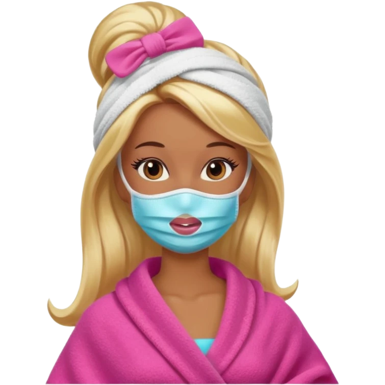 Brown skin blonde hair Barbie with face mask on and hair in towel emoji
