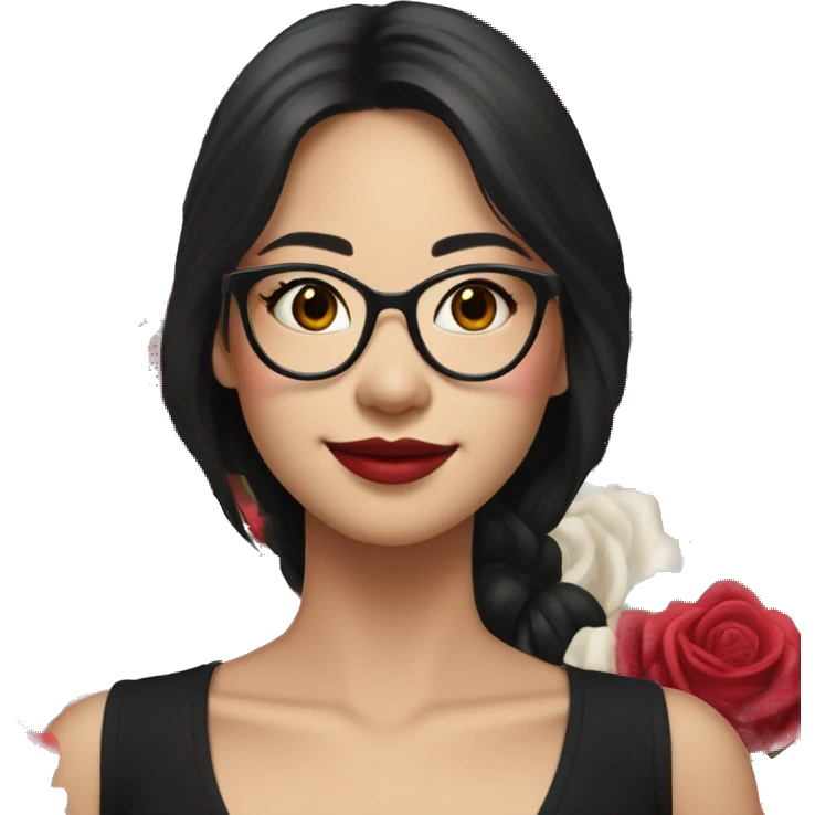 Asian girl, smiling with teeth, fair skin, black long hair, black eyes, black glasses with gold frames, red lipstick, wearing a white lace tank top and a black office jacket on top, with pink and red roses around her. emoji