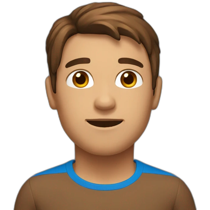 A cubic man, Brown hair, blue t-shirt, Brown skin emoji