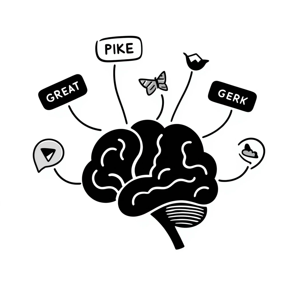 Hand-drawn Natural Language Processing concept with brain, text, and language tokens emoji