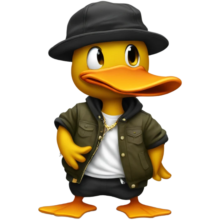 A duck dressed like a rapper rapping emoji