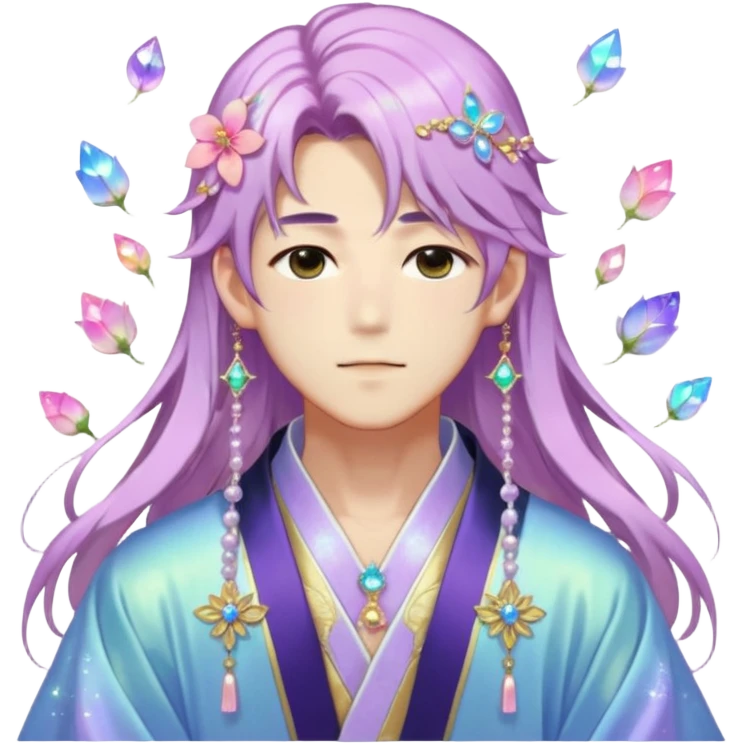 Beautiful gorgeous blushing Korean-Japanese-youthful elegant handsome anime guy with beautiful iridescent-special-medium-long-hair, fashion aesthetic, ethereal, fairycore, pastelcore, flower petals, crystals, layered robes, accessories, jewelries, gold, colorful, shiny, trending style, outside emoji