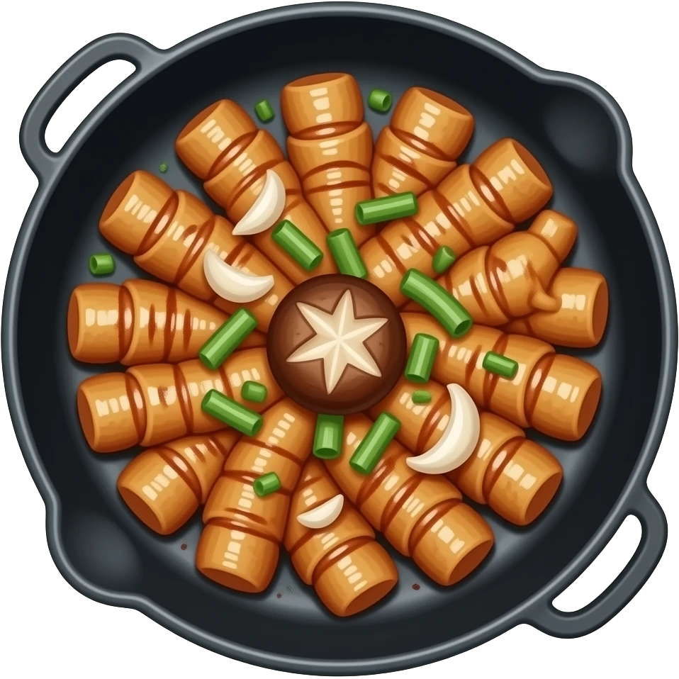 korean grilled gopchang, close up, glossy intestines with golden brown color, garlic, chives, mushrooms, onions, black pan, realistic food photography emoji