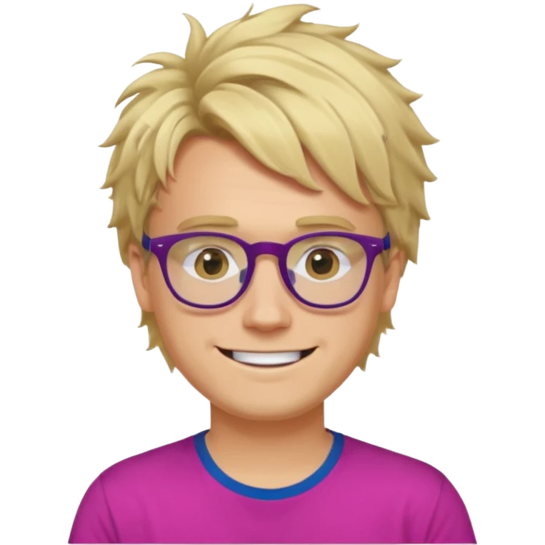 A blond guy with messy hair is smiling. He wear black and dark blue glasses and a fushia T-shirt.  emoji