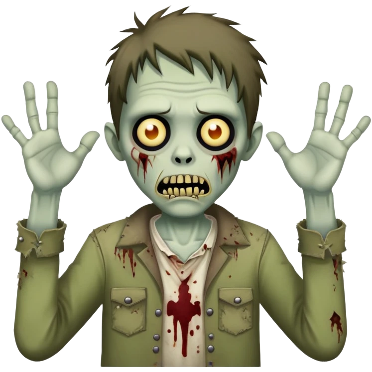 Male zombie holding his hands up saying wot meow emoji