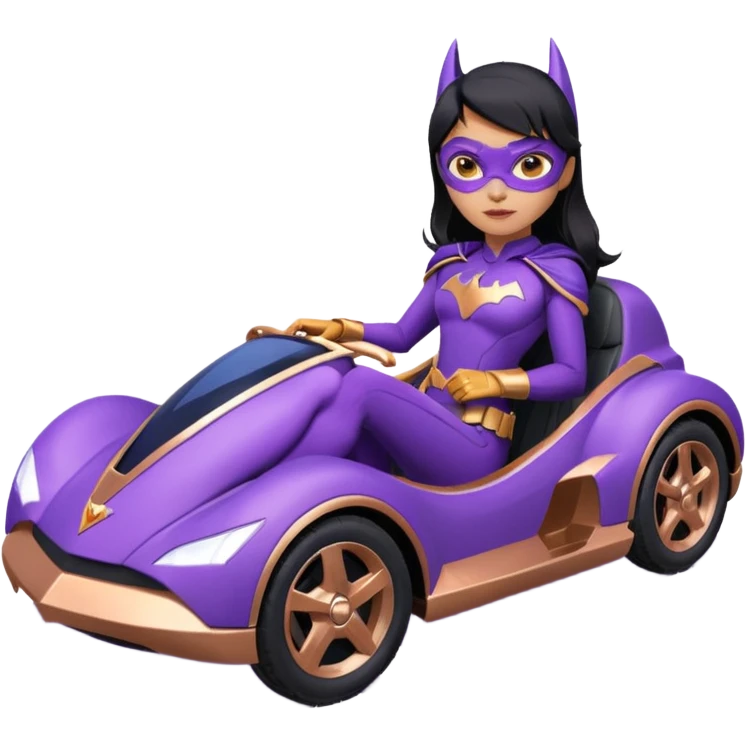 Hot full size real-appearance racing action BatGirl’s Lego feminine midnight-purple tight outfit sixty’s tv show 1992 stealth retro cat burglar sporty petite off-road pursuit hovering hover cruiser car rose gold accents (black hair,reclined and relaxed seating position and attitude) desert emoji