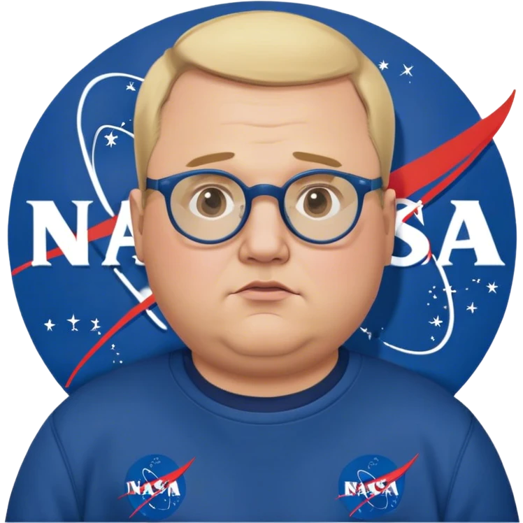 miffed and sad chubby man, with blond short and hight receding hairline, wears a dark blue nasa sweatshirt, nasa logo on the breast, round glasses, 40 years old emoji