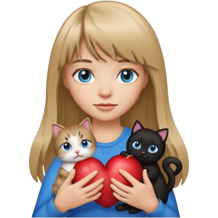 Apple-style emoji sticker of a young woman with long dark blond hair and bangs, blue eyes , holding a spotting black-and-white kitty on her chest.  emoji