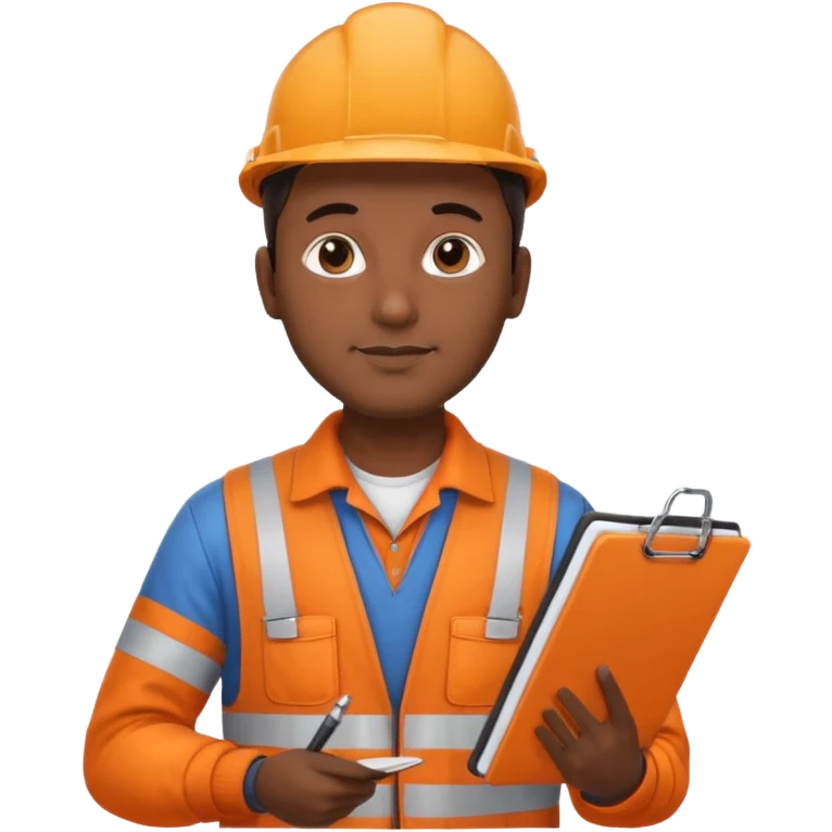 Indian male railway engineer orange overalls, boots holding a clipboard in one hand emoji