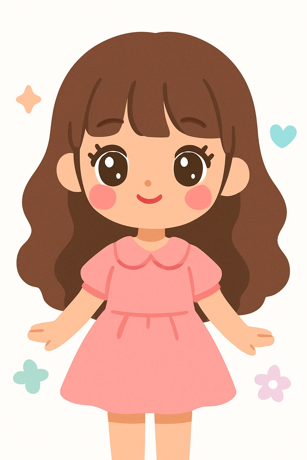 A feminine girl with medium skin, pink cheeks, large hazel eyes, long eyelashes, long wavy brown hair with bangs, straight nose, soft tip, natural red lips, wearing a lovely pink dress, in a kawaii style. emoji