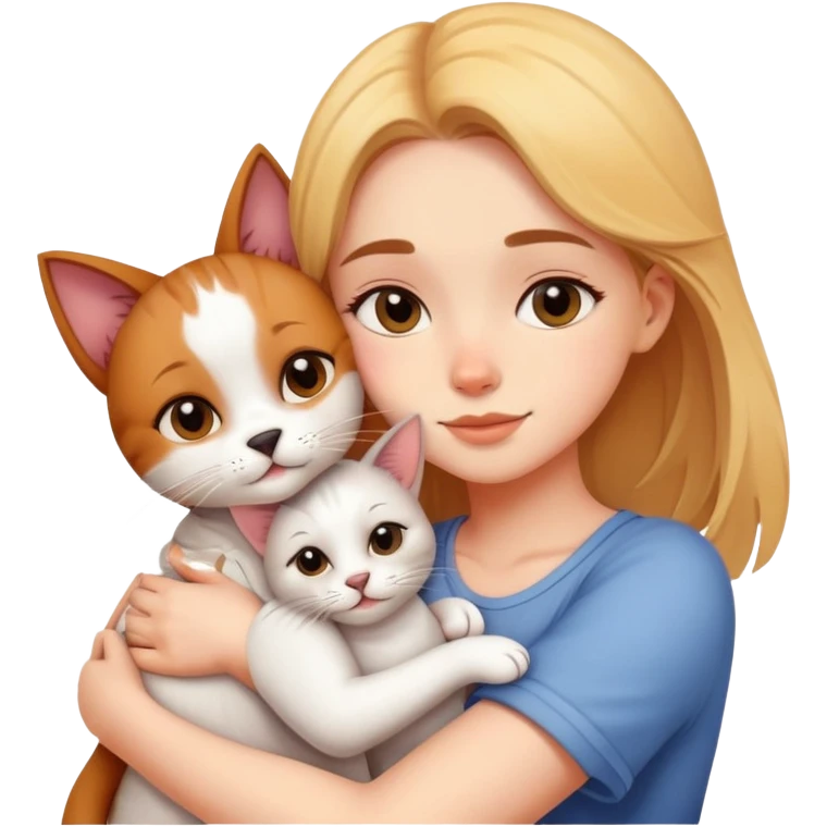 Beautiful girl hugs a cat and a dog tightly emoji